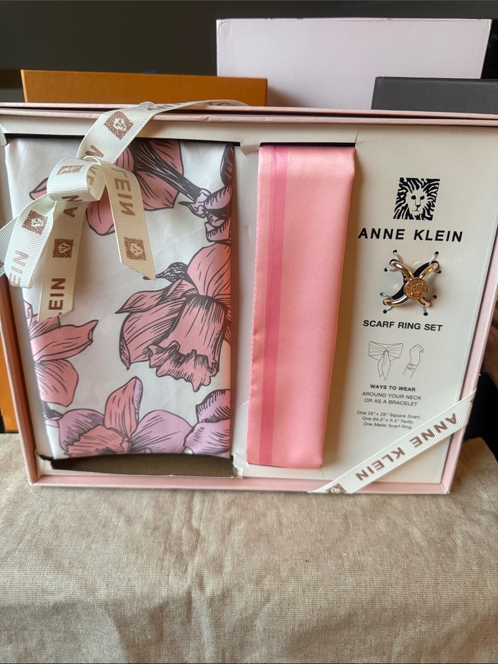 🎉Anne Klein Pink Floral Scarf & Solid Pink Wrap with Scarf Ring Set